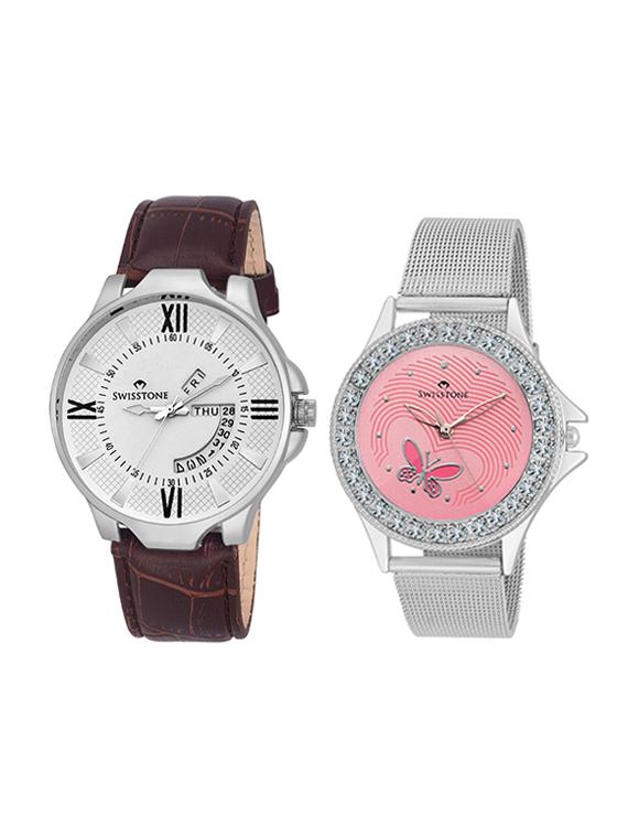 swisstone wht105 wht brw vog501 pnk ch analog wrist watch combo for men women