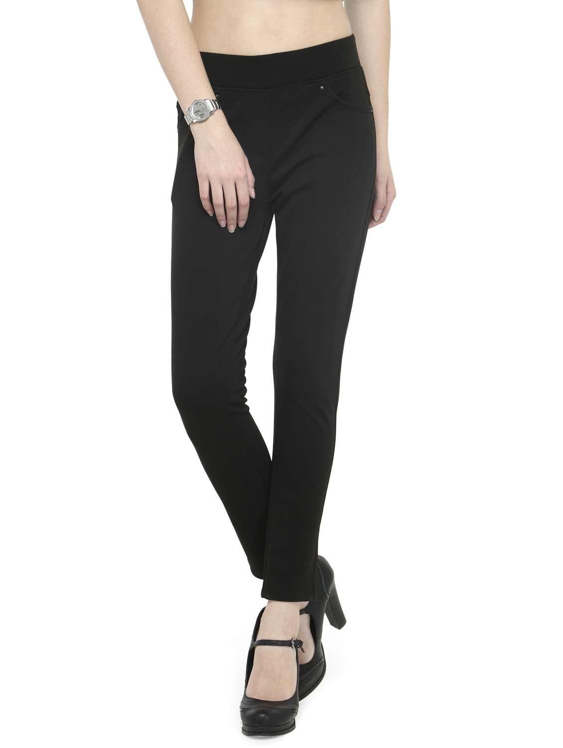 solid black cotton lycra jeggings - 14366628 -  Zoom Image - 0