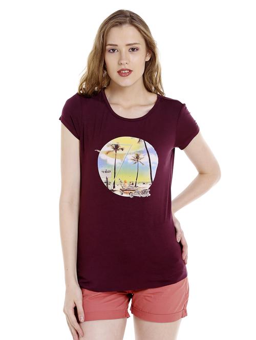 maroon printed viscose regular tee - 14367826 - Standard Image - 0