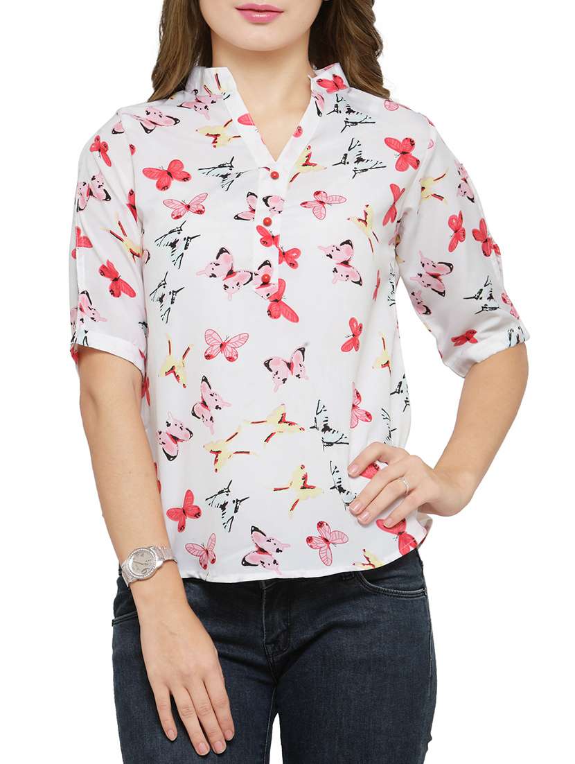 white printed crepe regular top