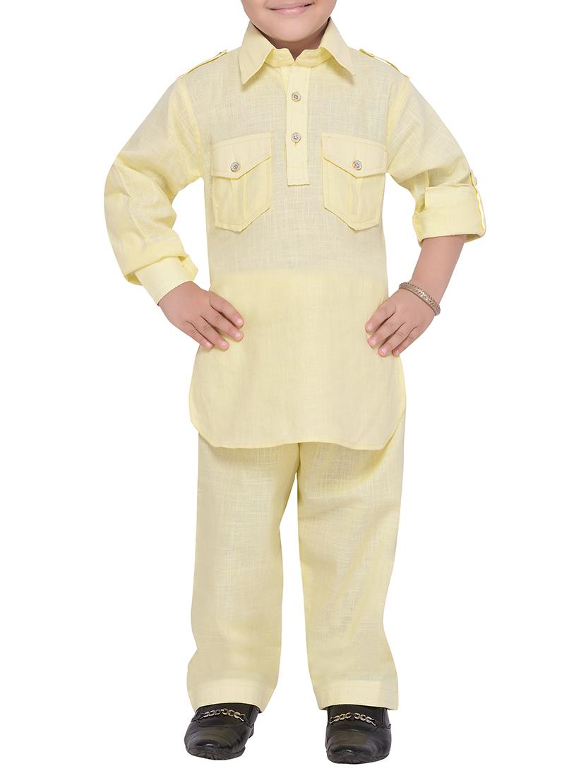 yellow cotton pathani suit set - 14375233 - Zoom Image - 0