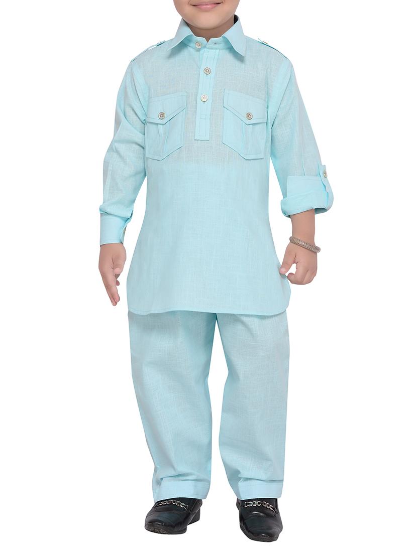light blue cotton pathani kurta set - 14375235 - Zoom Image - 0