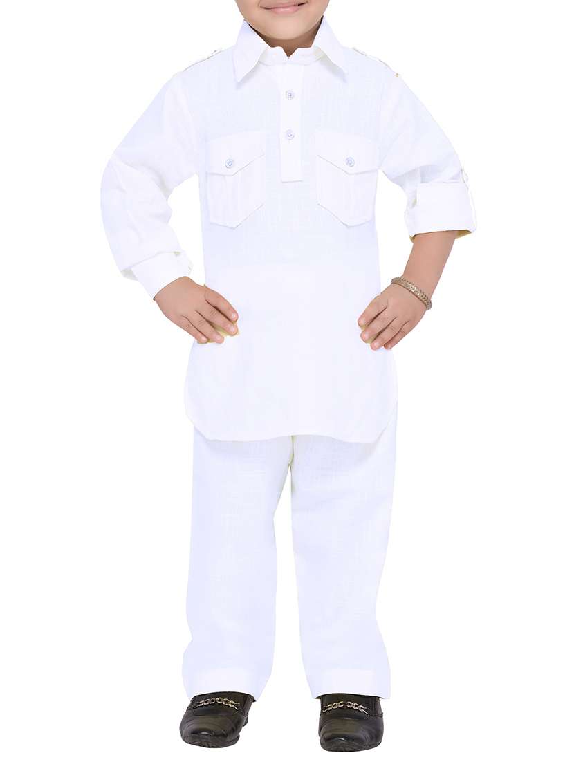 solid white cotton pathani kurta set - 14375236 - Zoom Image - 0