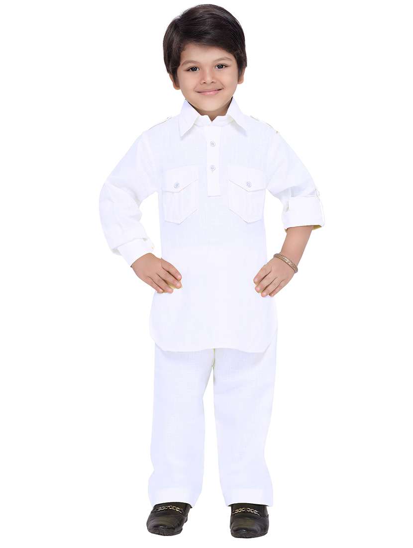 solid white cotton pathani kurta set - 14375236 - Standard Image - 3