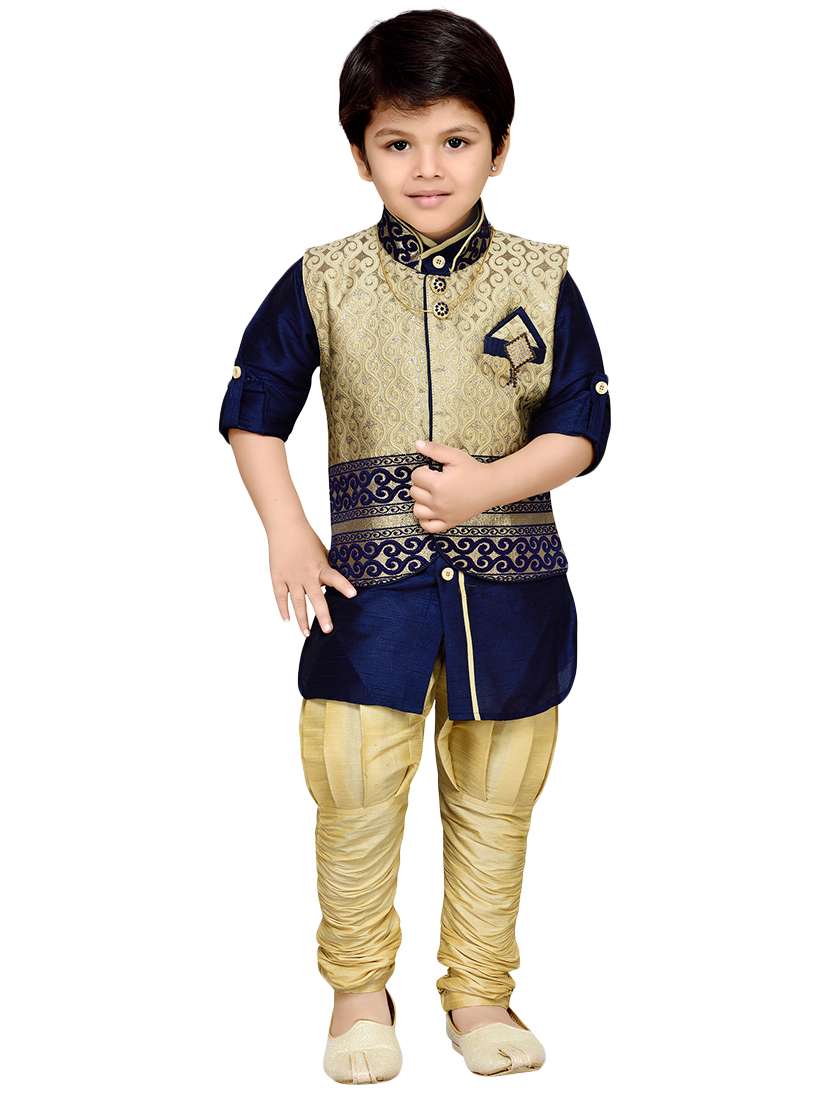 blue silk blend kurta, pyjama & waistcoat set - 14375251 - Standard Image - 3
