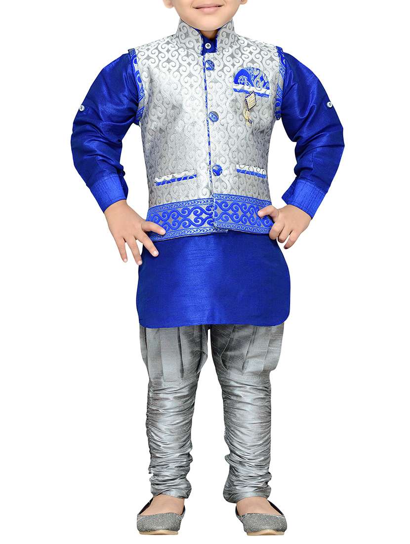 grey silk blend kurta, pyjama & waistcoat set - 14375252 -  Zoom Image - 0