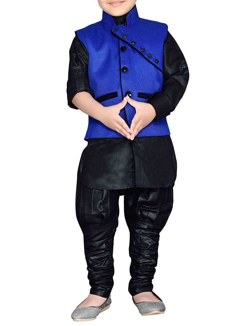 blue silk blend kurta, pyjama & waistcoat set - 14375257 -  Zoom Image - 0