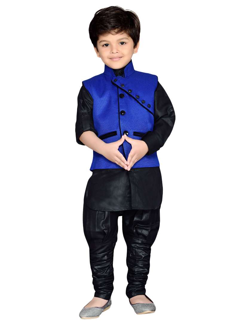 blue silk blend kurta, pyjama & waistcoat set - 14375257 - Standard Image - 3