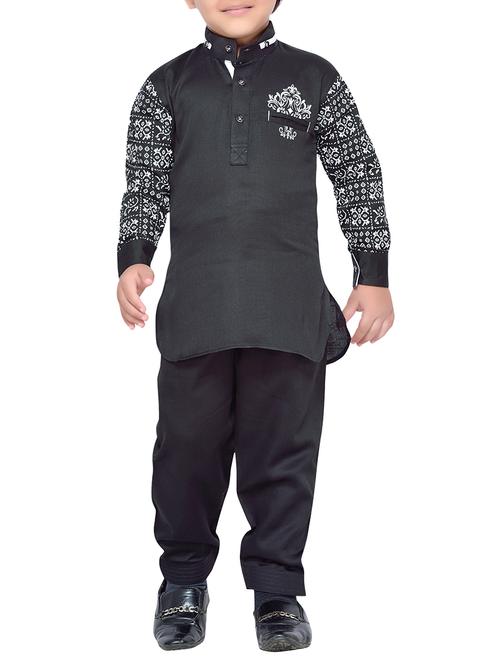 black cotton kurta, pyjama & waistcoat set - 14375265 - Standard Image - 0