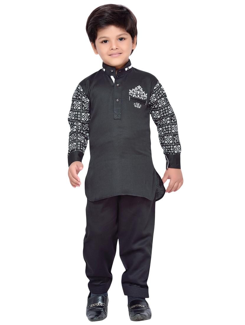 black cotton kurta, pyjama & waistcoat set - 14375265 - Standard Image - 3