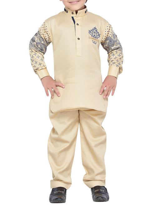 beige cotton kurta, pyjama & waistcoat set - 14375266 -  Standard Image - 0