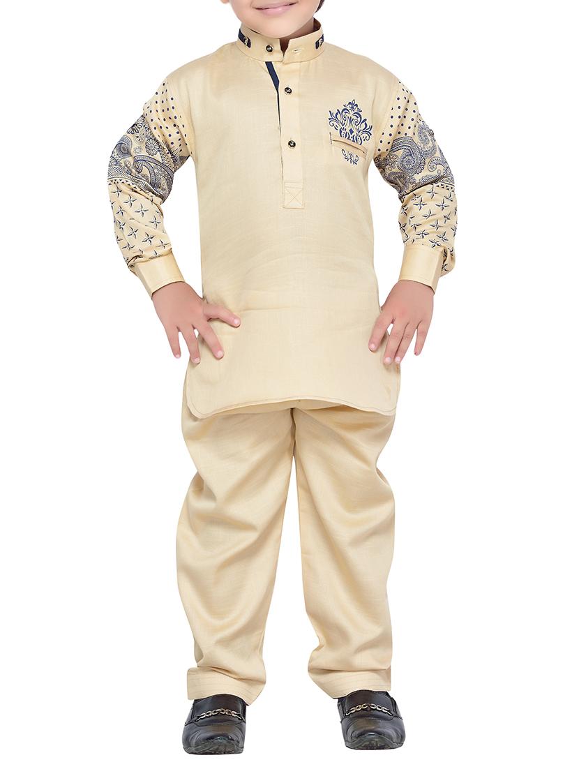 beige cotton kurta, pyjama & waistcoat set - 14375266 -  Zoom Image - 0