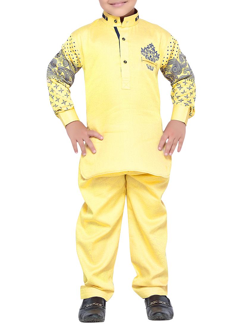 yellow cotton kurta, pyjama & waistcoat set - 14375267 -  Zoom Image - 0