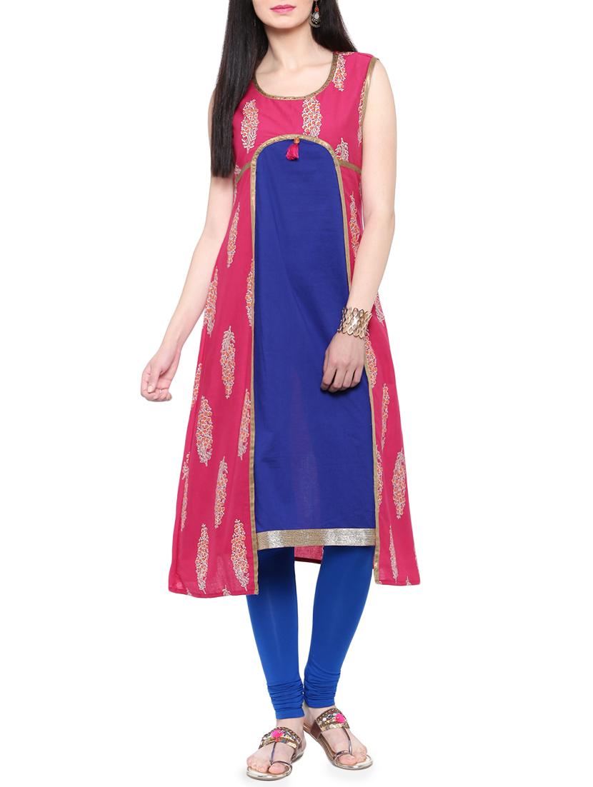 pink & blue cotton a-line kurta - 14377349 - Zoom Image - 0
