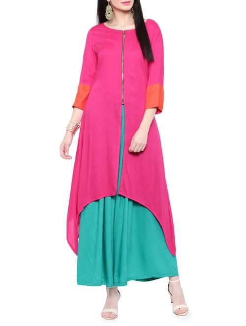 pink rayon asymmetric solid kurta - 14377386 -  Standard Image - 0