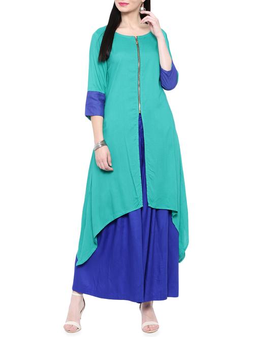 turquoise rayon asymmetric solid kurta - 14377387 -  Standard Image - 0