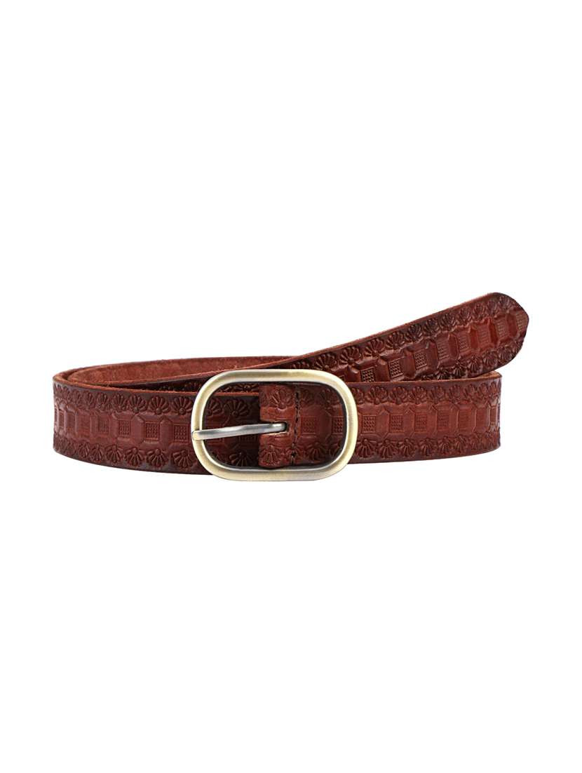 pecan brown embossed design ladies leather belt