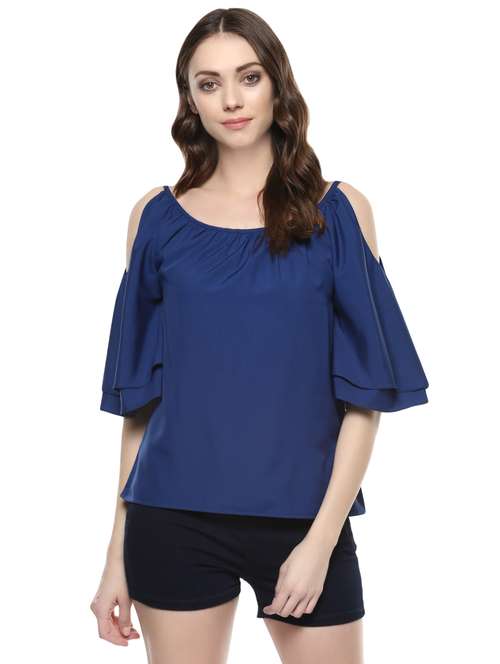 gathered neck cold shoulder top - 14382807 - Standard Image - 0
