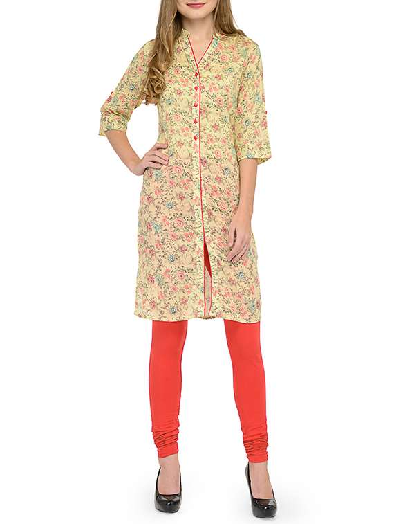 yellow cotton printed straight kurta