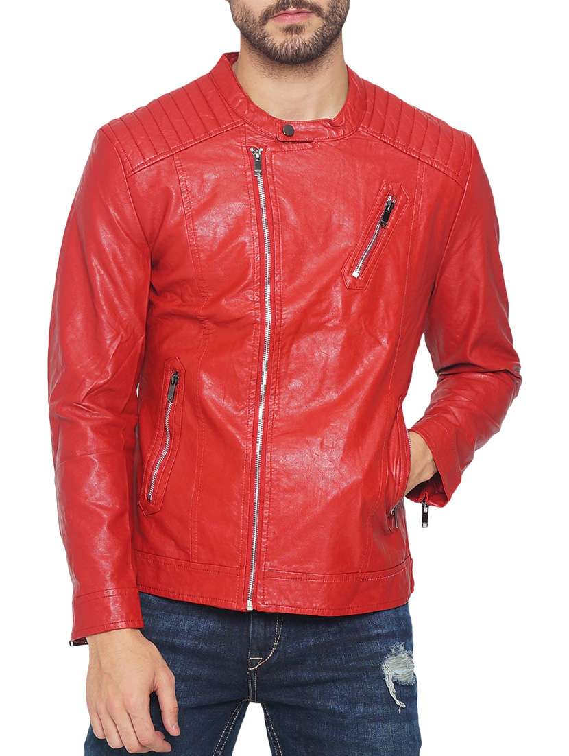 Buy online Red Leather Biker Jacket from Jackets for Men by The