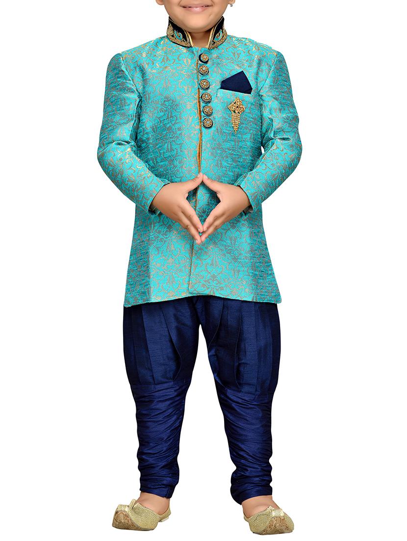 light blue silk blend sherwani sets - 14405617 -  Zoom Image - 0