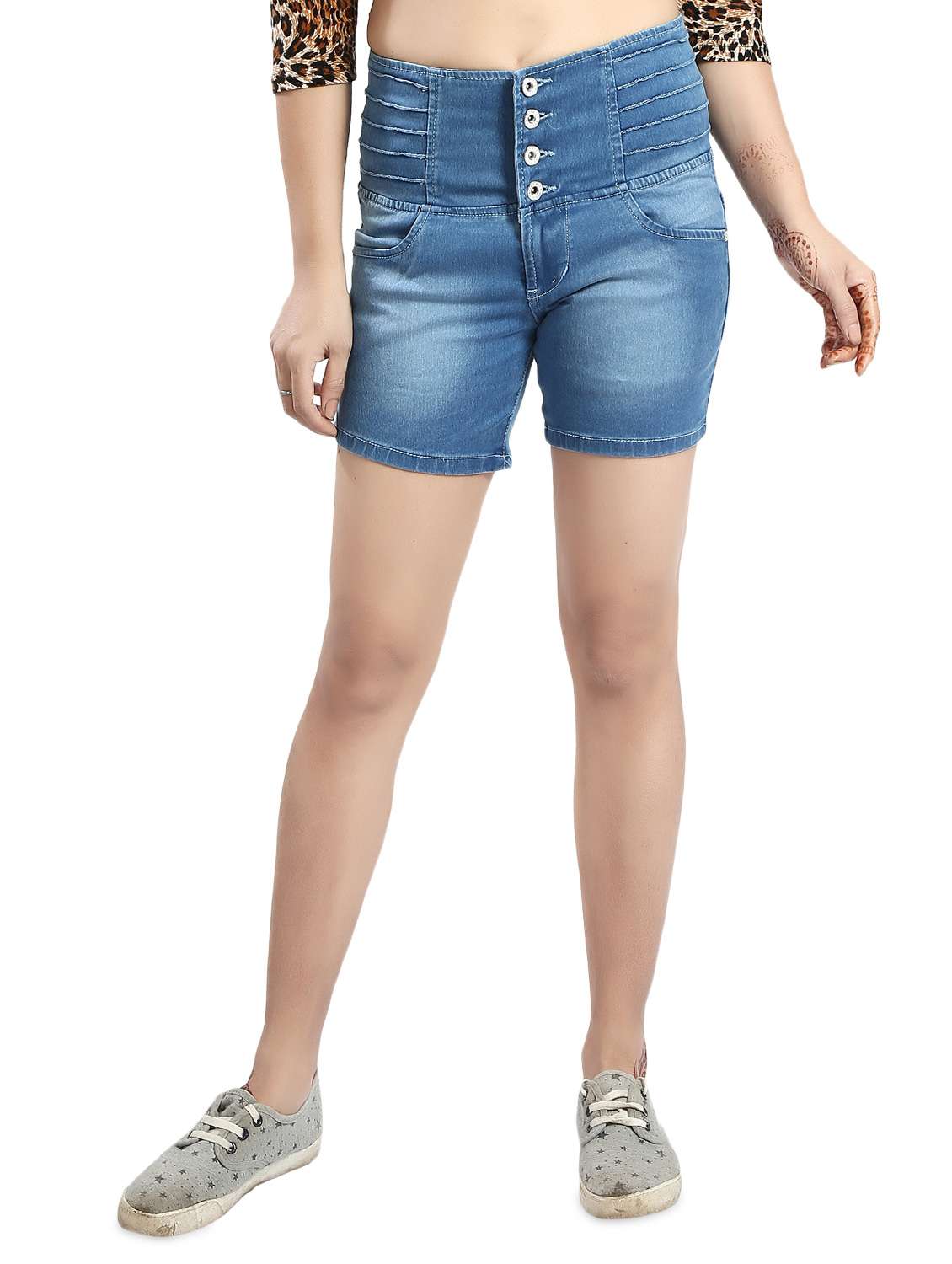 mid rise washed denim shorts
