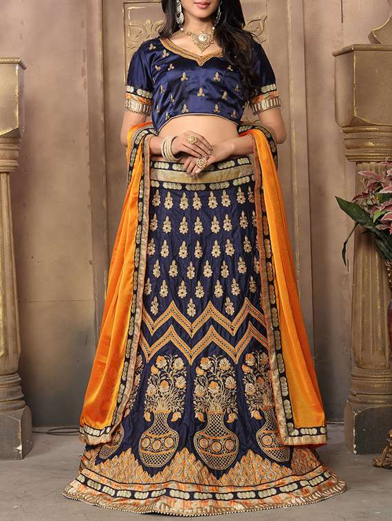 blue satin embroidered panelled lehenga