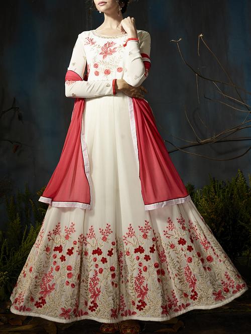 white georgette semistitched suit - 14427696 -  Standard Image - 0