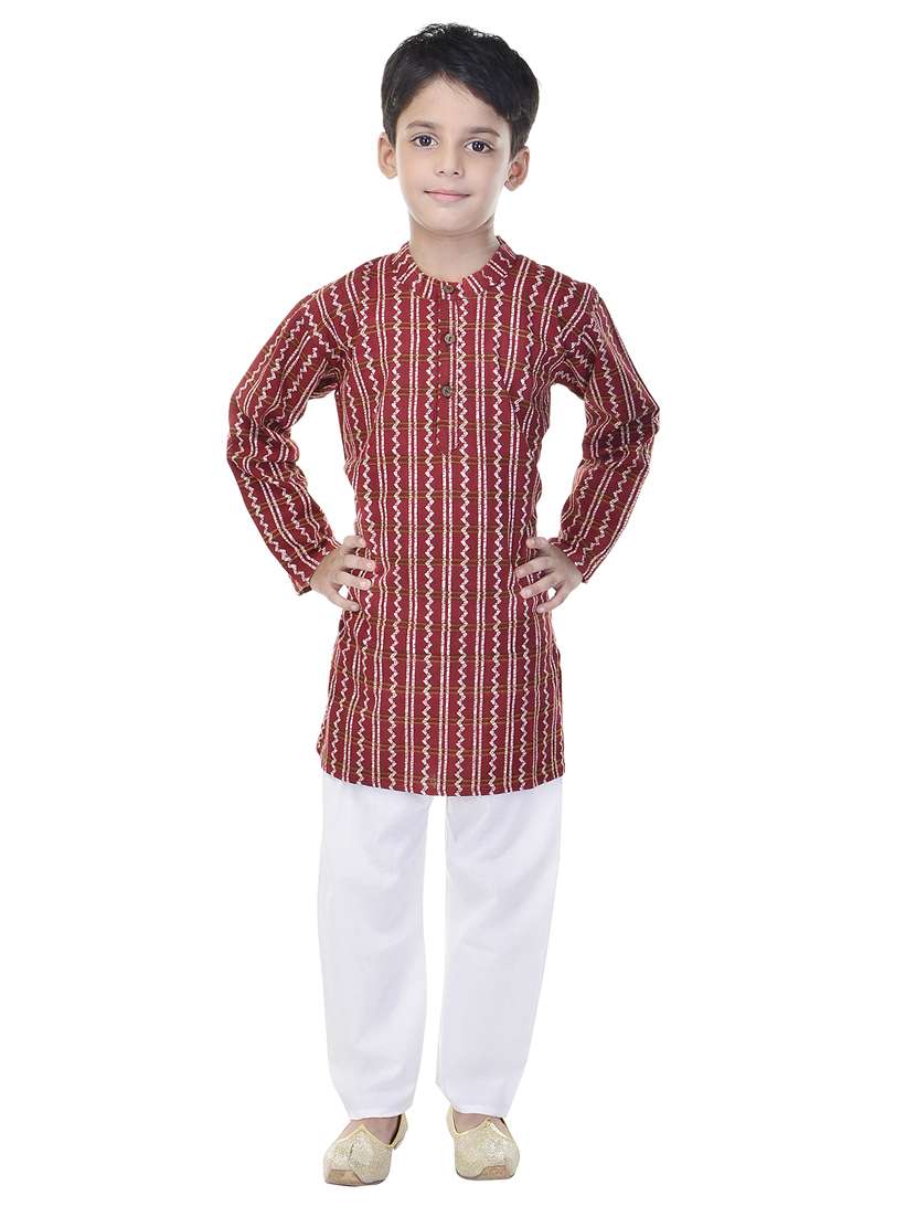 red and white cotton kurta set - 14428925 -  Standard Image - 3