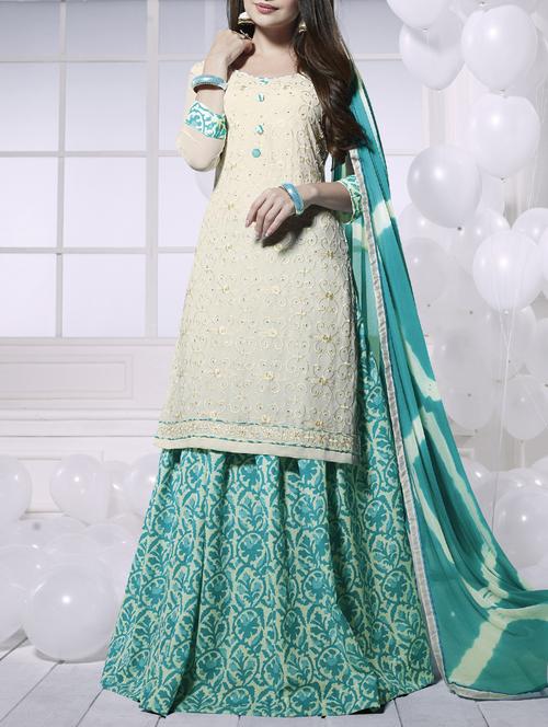 cream georgette embroidered semi-stitched suit - 14429603 -  Standard Image - 0