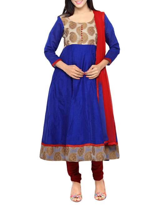 blue chanderi cotton unstitched suit - 14432017 -  Standard Image - 0