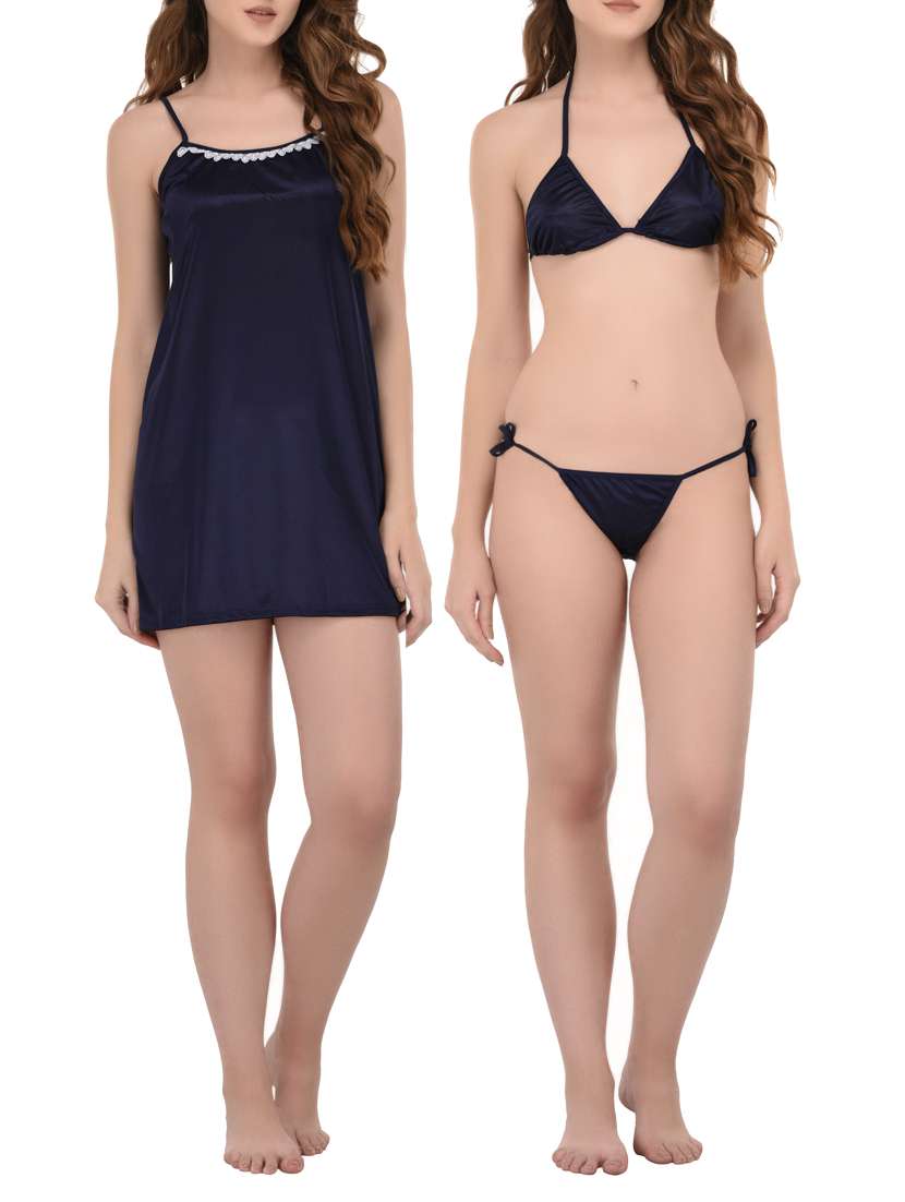 Buy online Navy Blue Satin Sleepshirt With Bra Panty Set from sleepwear