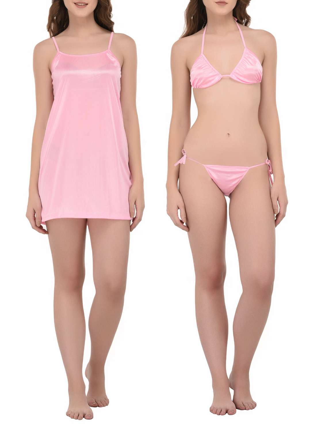pink satin sleepshirt with bra panty set - 14434717 - Zoom Image - 0