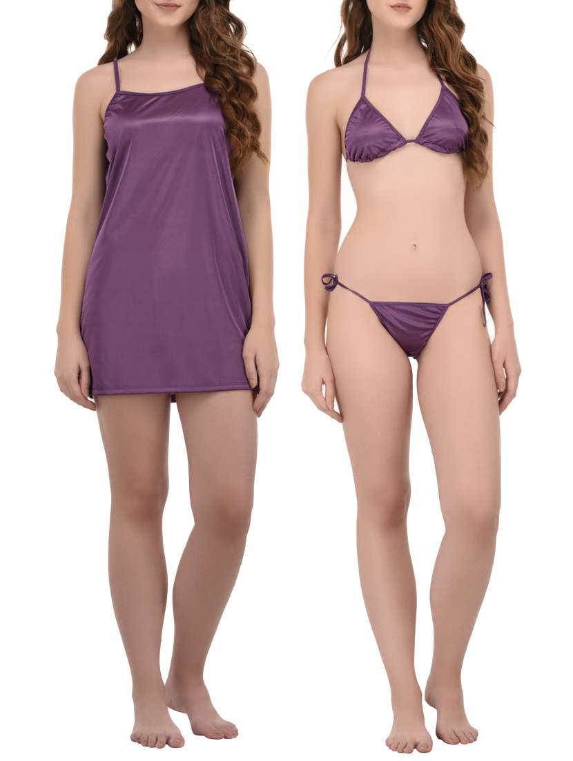 purple satin sleepshirt with bra panty set - 14434718 - Zoom Image - 0