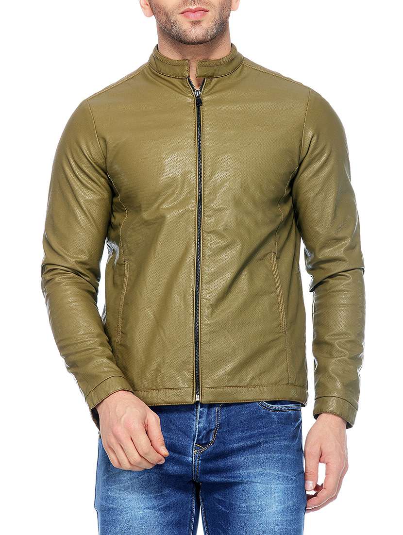 Buy online Green Faux Leather Biker Jacket from Jackets for Men by