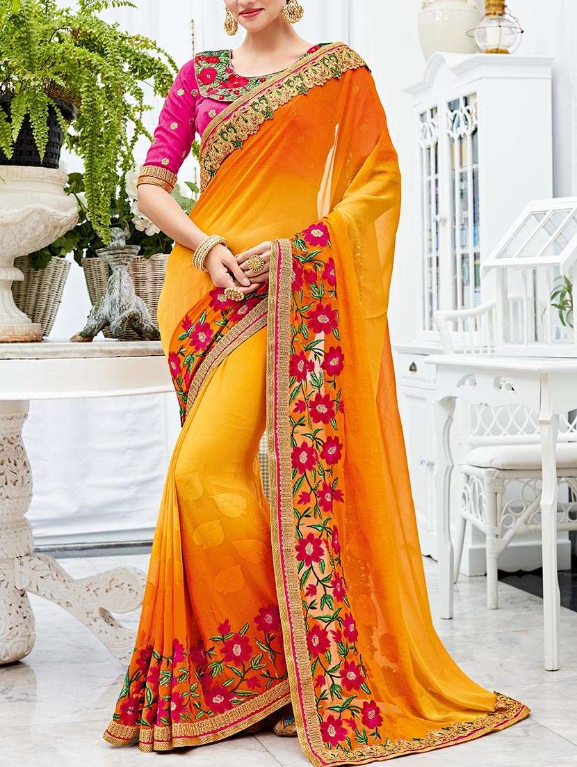 yellow chiffon embroidered saree with blouse