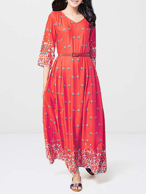 chinese dress ladies Buy global desi Floral Cotton Round Neck Womens Flared Maxi Dress (Pink,  Extra Small) at Amazon.in main image 0