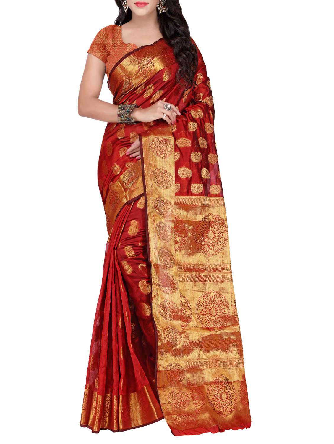 maroon silk banarasi saree with blouse