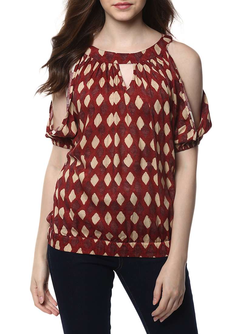 maroon printed blouson top - 14470279 - Zoom Image - 0