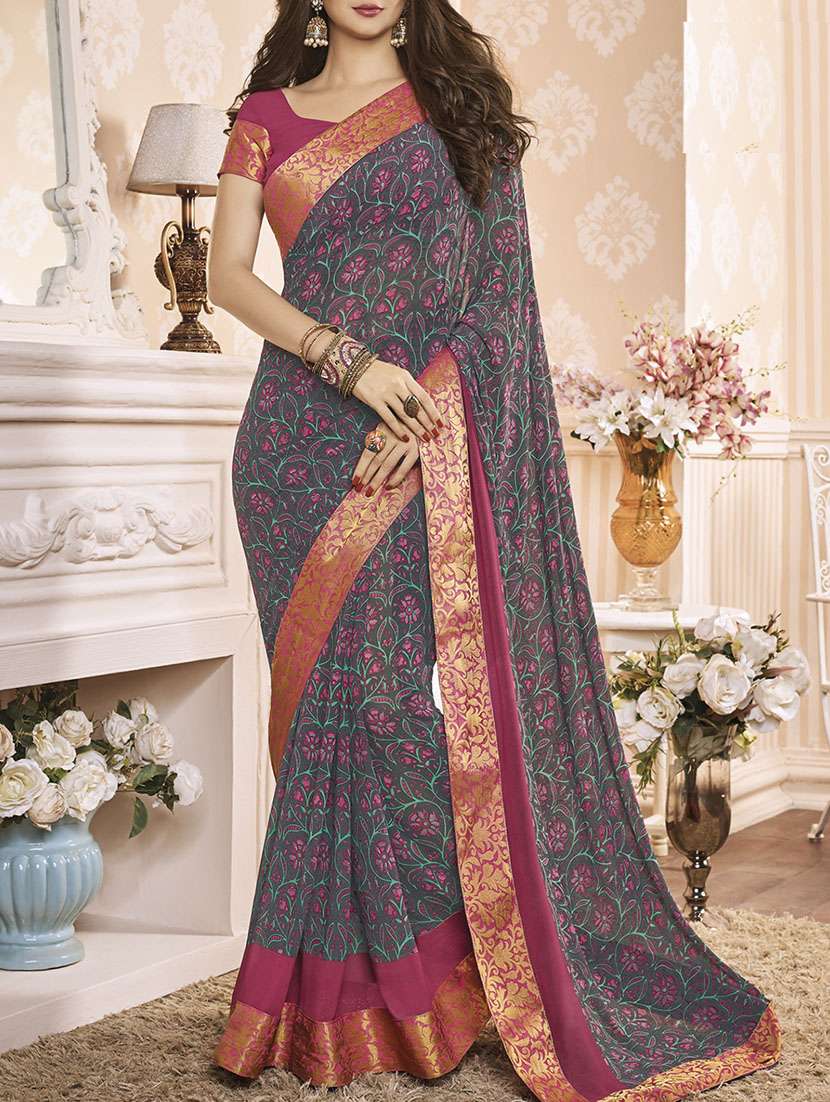 grey georgette printed saree with blouse