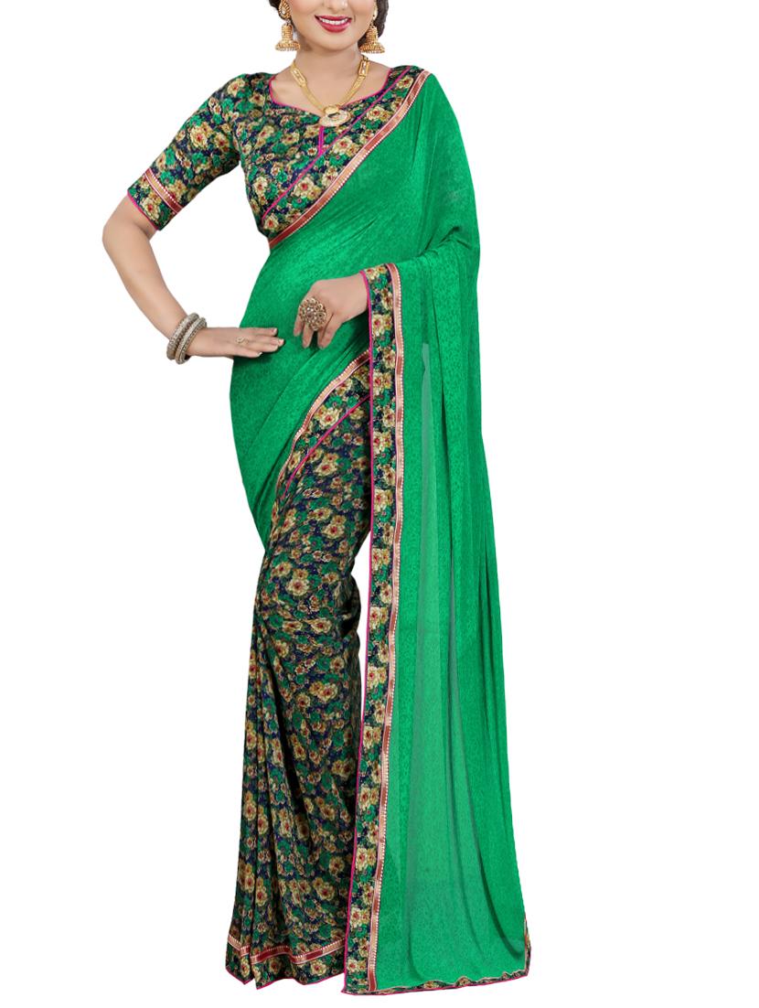green georgette half and half saree with blouse - 14473685 - Zoom Image - 0
