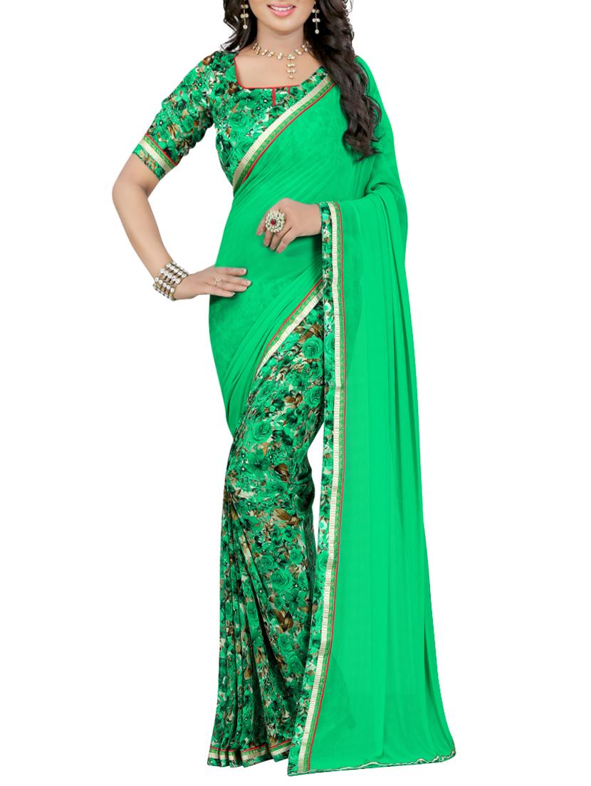 women's floral green colored saree with blouse