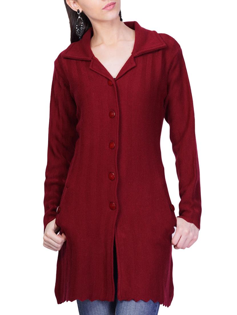 maroon self design full sleeves coatigan