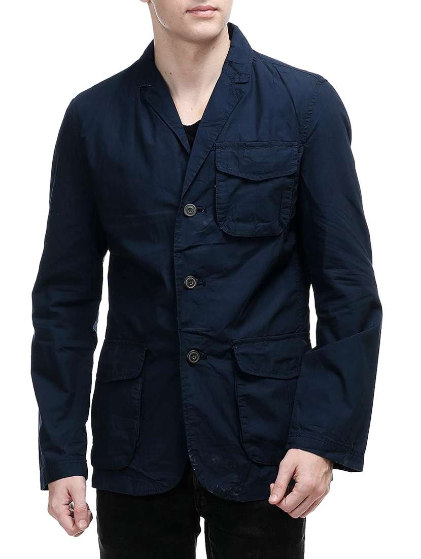 navy blue cotton single breasted casual blazer