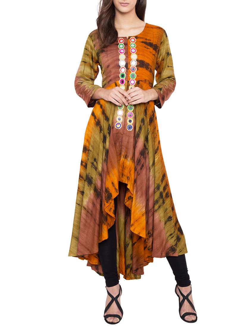 Asymmetric mirror work shibori kurta