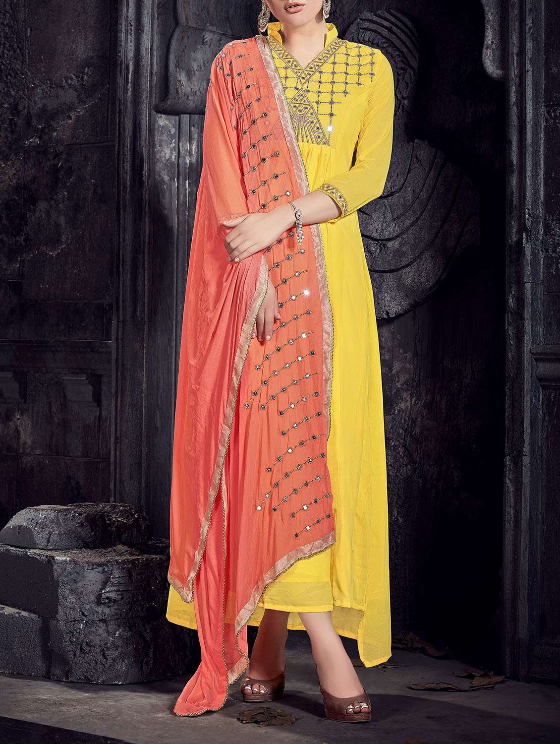 yellow a-line suit semi-stitched suit