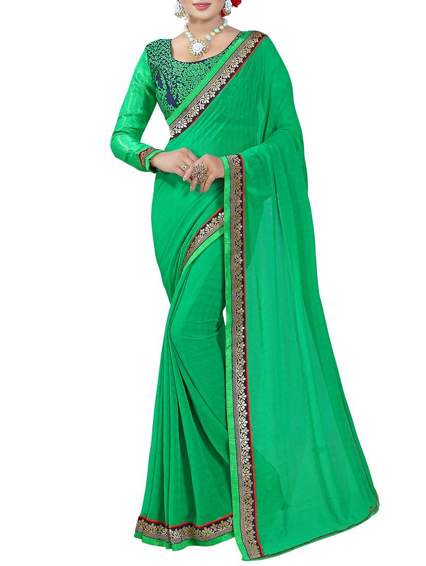 women's bordered green colored saree with blouse