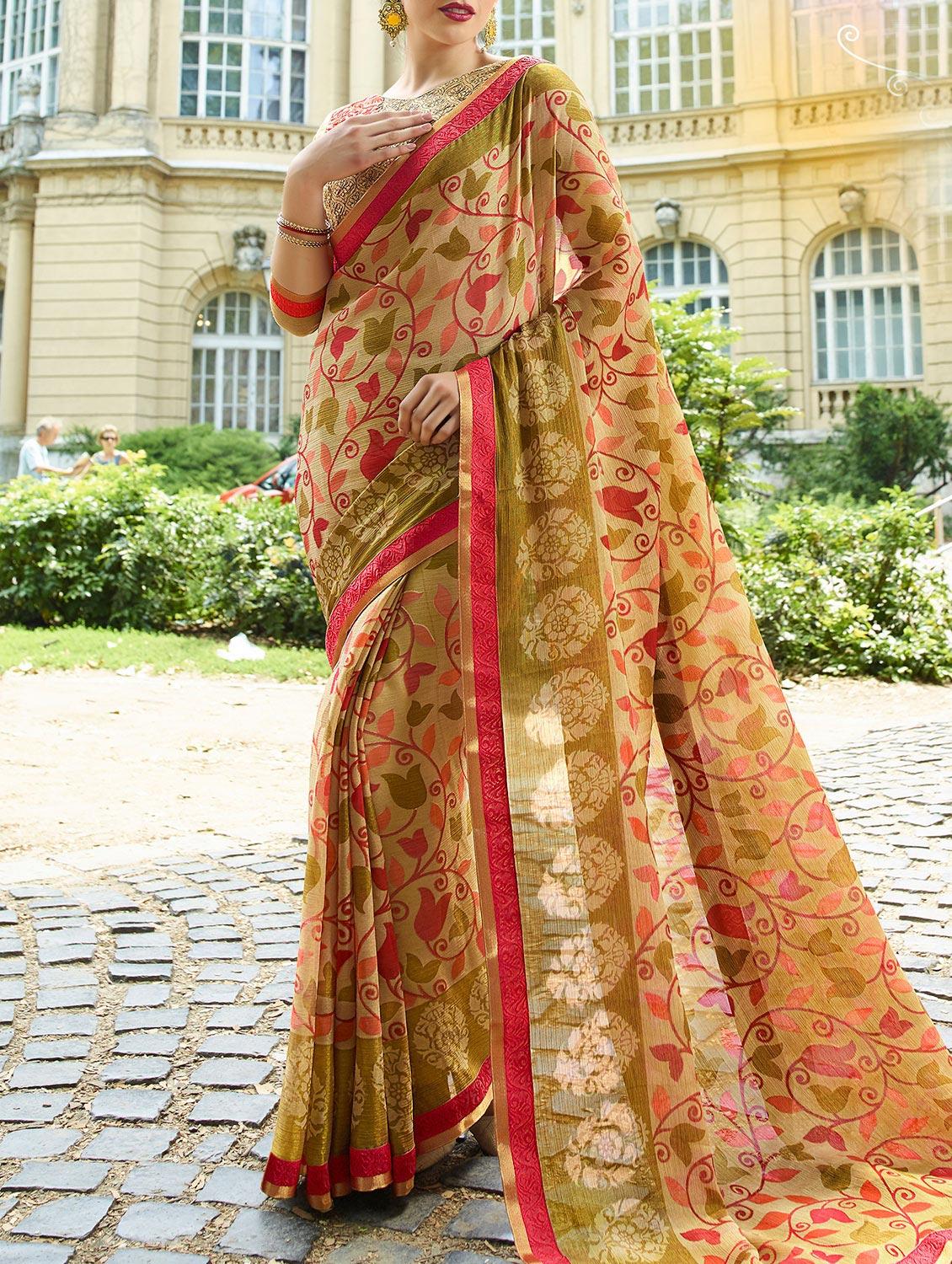 beige cotton printed saree - 14513562 -  Zoom Image - 0
