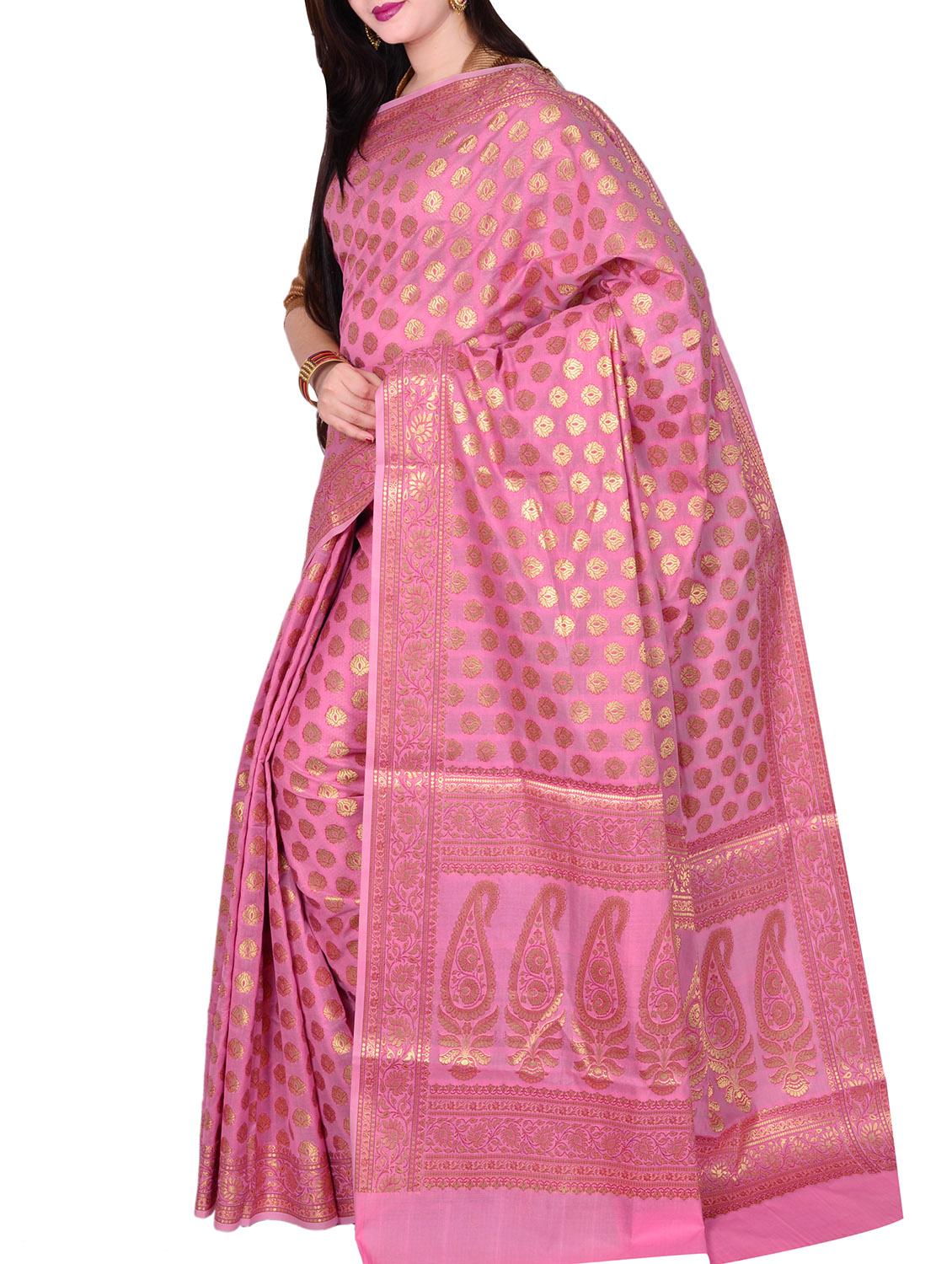 pink silk blend banarasi saree with blouse - 14518759 - Zoom Image - 0