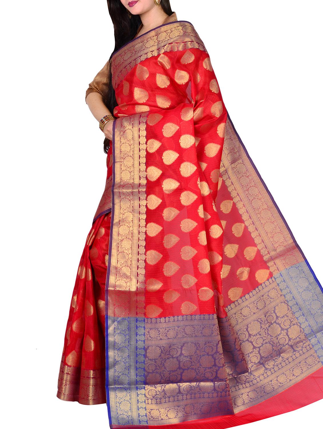 red silk blend banarasi saree with blouse - 14518770 - Zoom Image - 0
